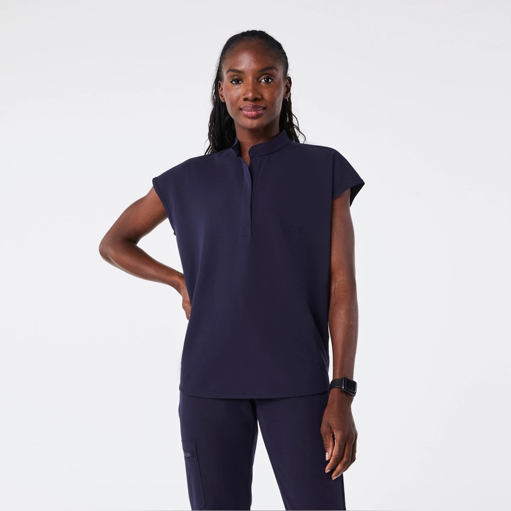 Figs Navy Short Sleeve Mock Neck Top